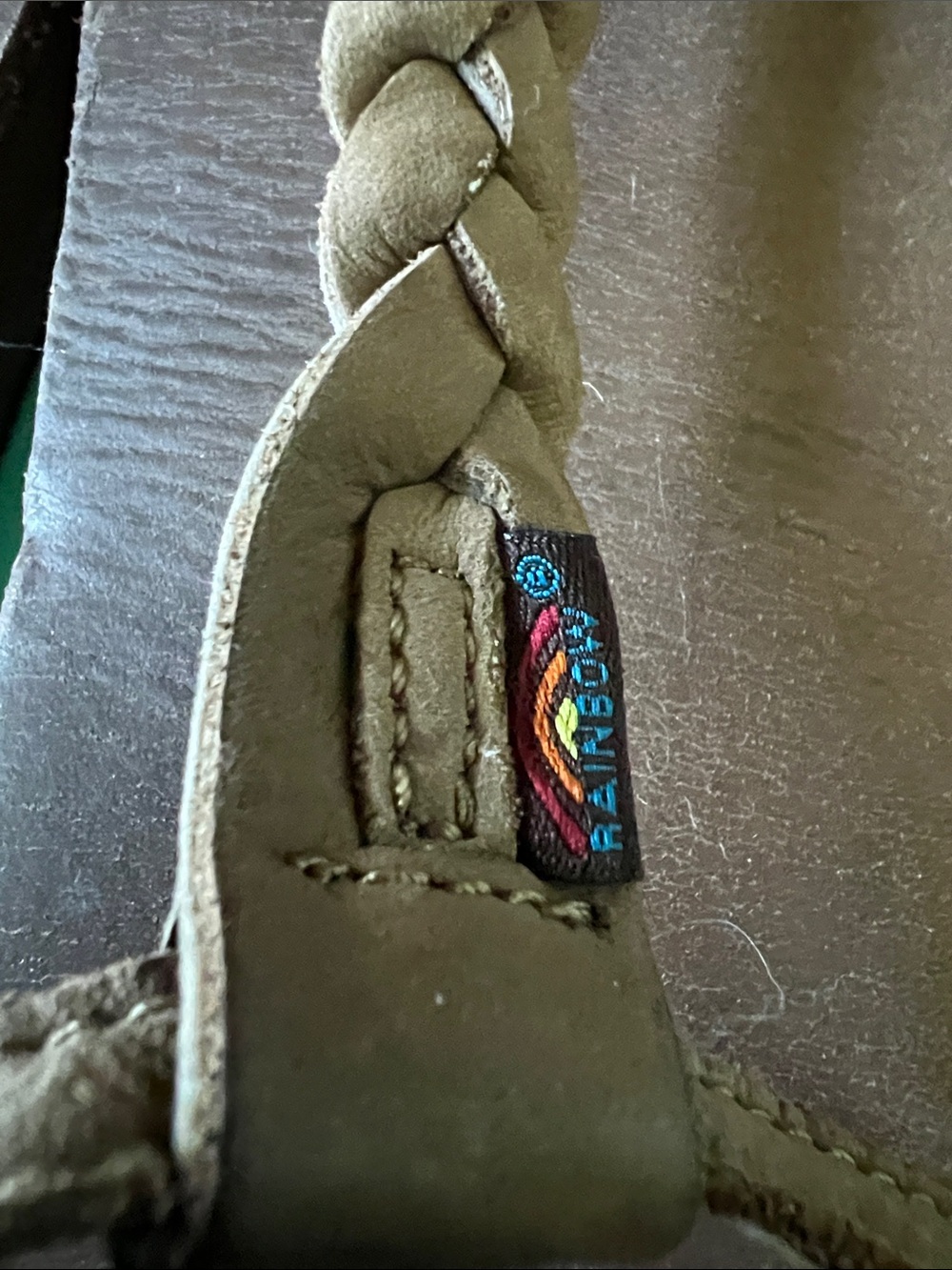 Rainbow Olive Green Braided Leather Sandals with Multicolor Logo